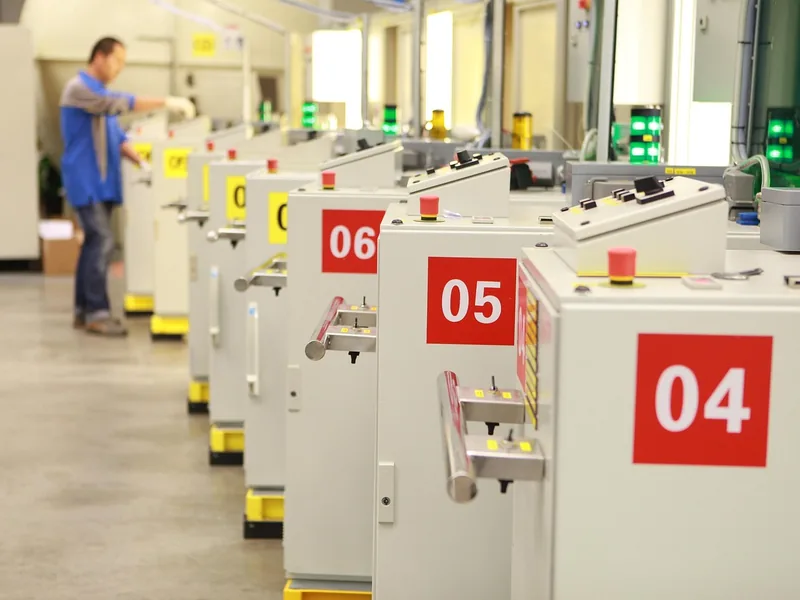 Rangée de machines numérotées dans un atelier de production
