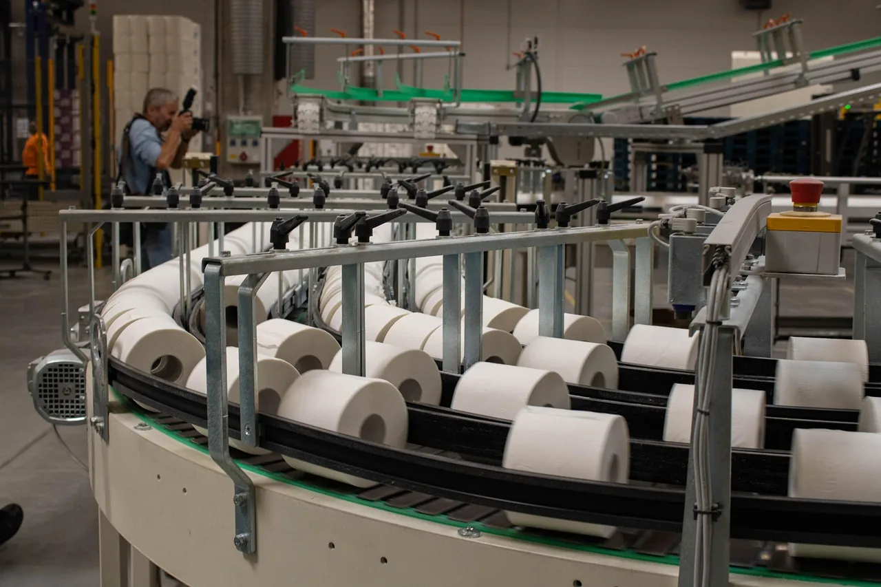 Rouleaux de papier sur un convoyeur circulaire en fin de ligne d'emballage
